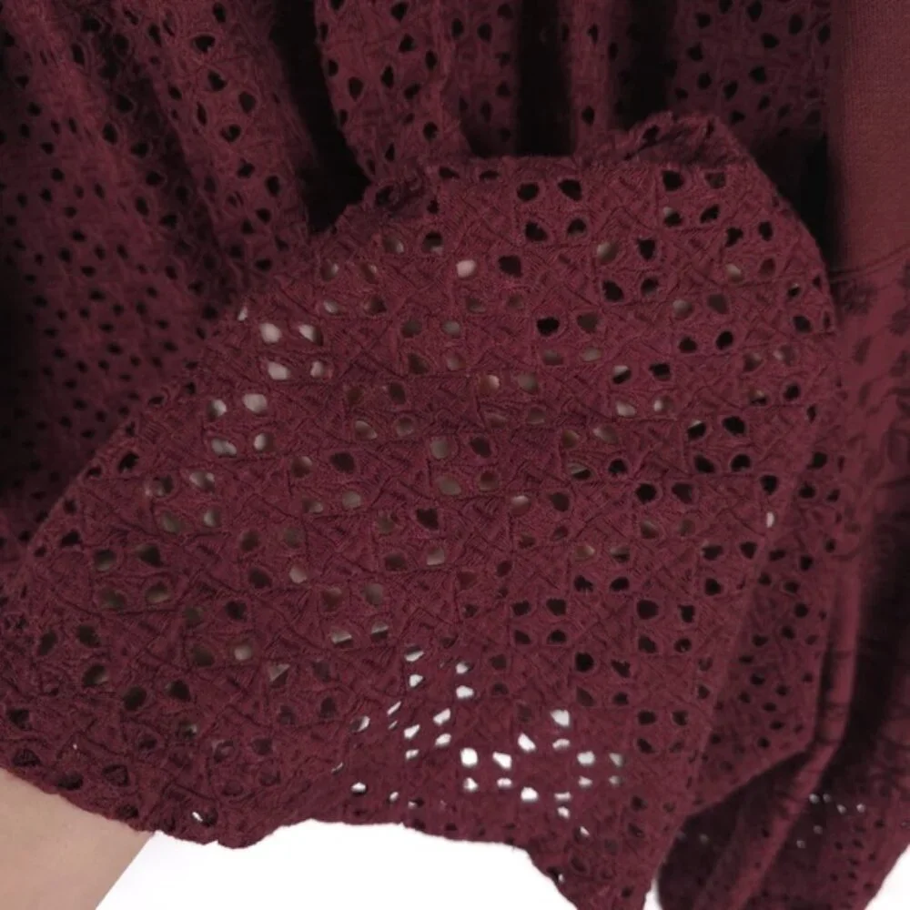 Anthropologie Plum Eyelet Yoke VNeck Pullover Sweatshirt Ballon Sleeve Top SMALL
